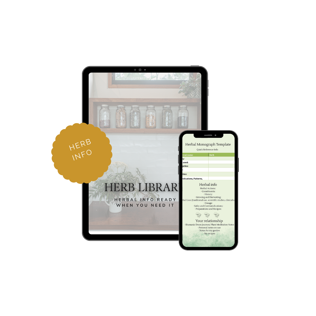 Picture showing kitchen with jars of herbs andn a sample herbal monograph with words Herb Library