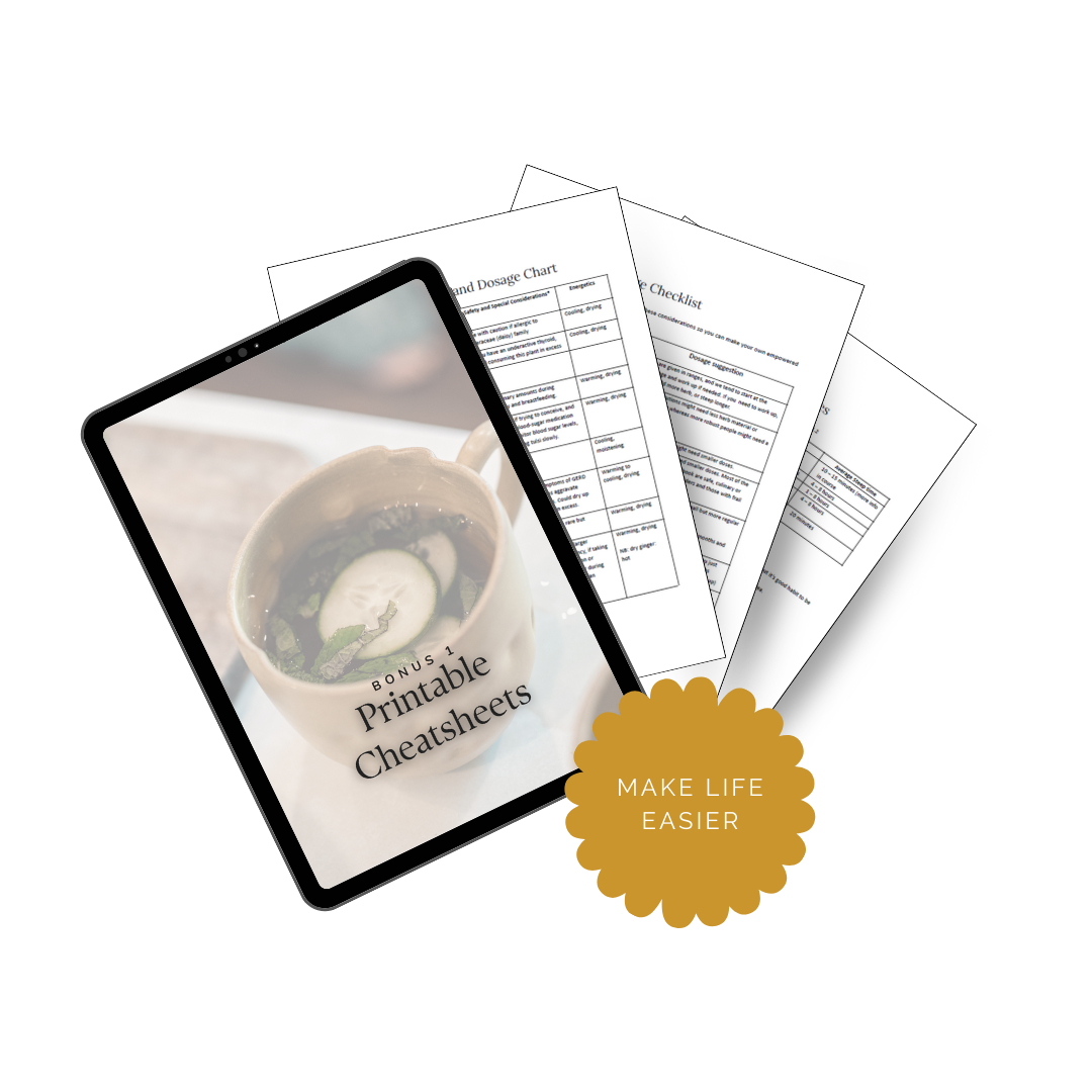 Image of 2 devices showing Bonus 1 Printable Cheatsheets cover image and sample pages from the Mastering Herbal Teas course