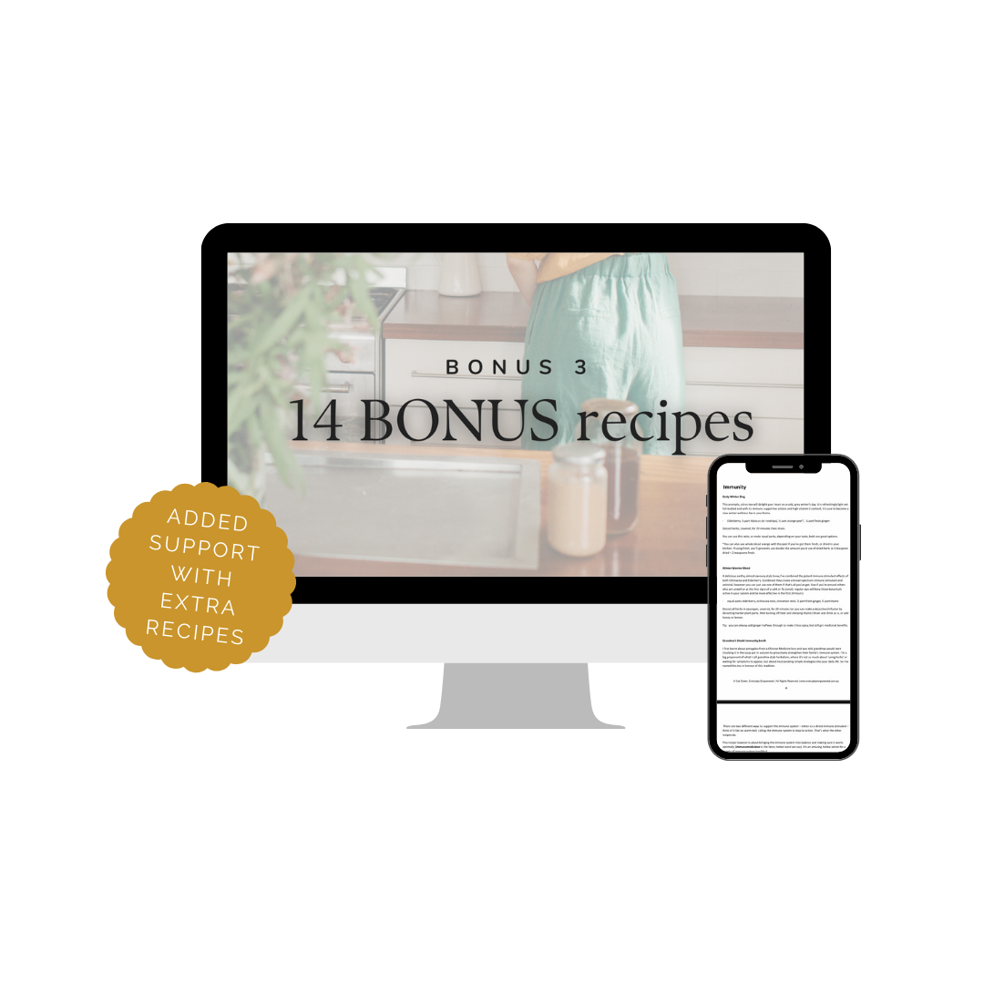 Image of 2 devices showing Bonus 14 Bonus recipes cover image and sample page from the Mastering Herbal Teas course