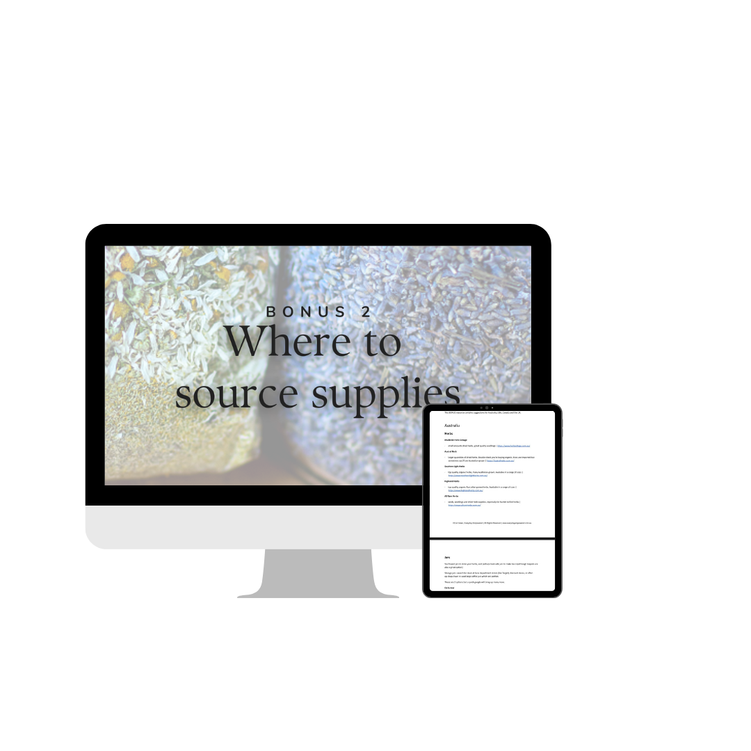 Image of 2 devices showing Bonus Where to source supplies cover image and sample page from the Mastering Herbal Teas course