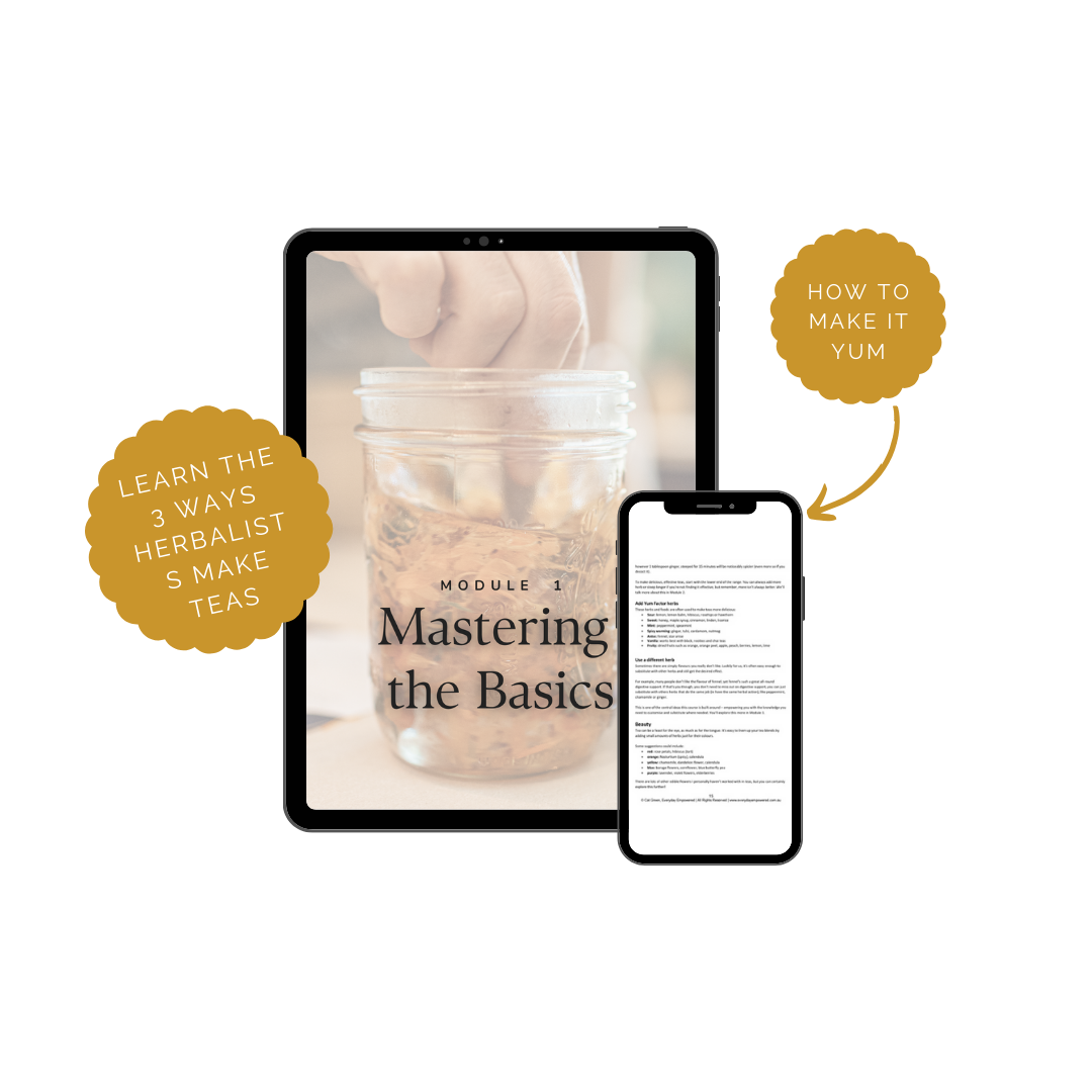 Image of 2 devices showing Module 1 cover image and sample page from the Mastering Herbal Teas course